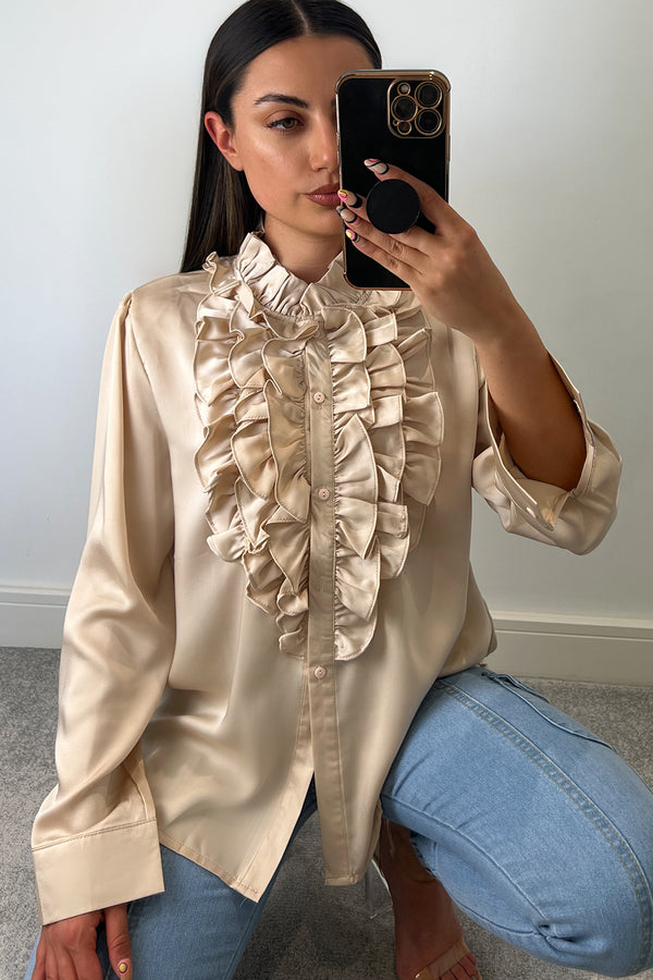 Martina Beige Ruffle Frill Satin Button Up Shirt
